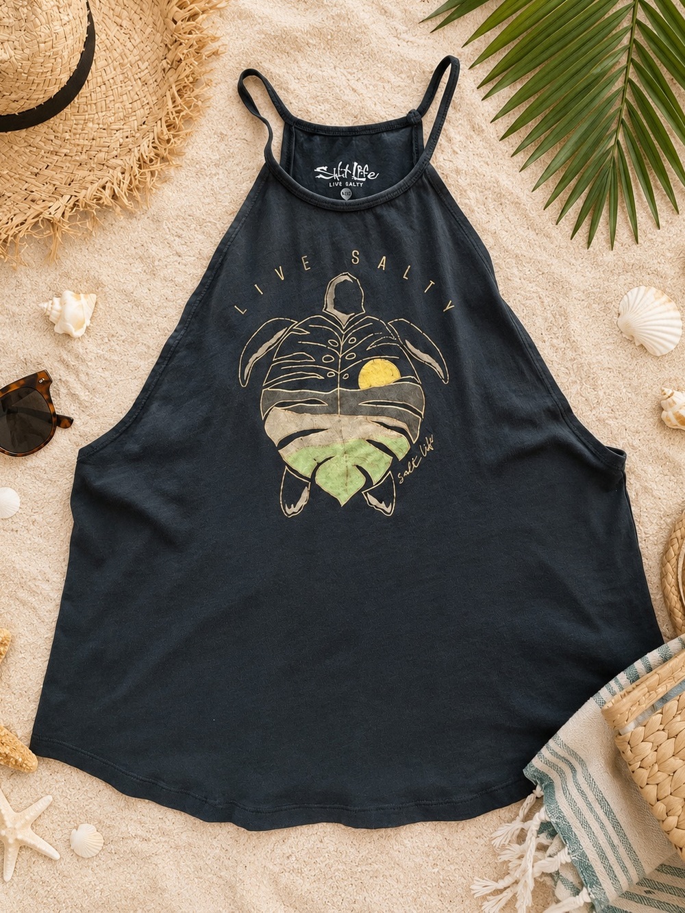 Salt Life Live Salty Sea Turtle Graphic High Neck Tank Top Gray Women’s XL